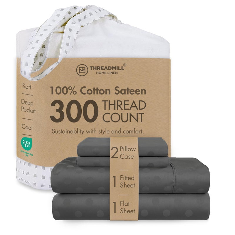 Threadmill Cotton Queen Sheet Set | 100% Cotton Sheets for Queen Size Bed | Damask Jacquard Queen Bed Sheets Set with 16â€ Deep Pocket | Soft Sateen Weave 4-Piece Cooling Bedding Set | Dark Grey - Image 1